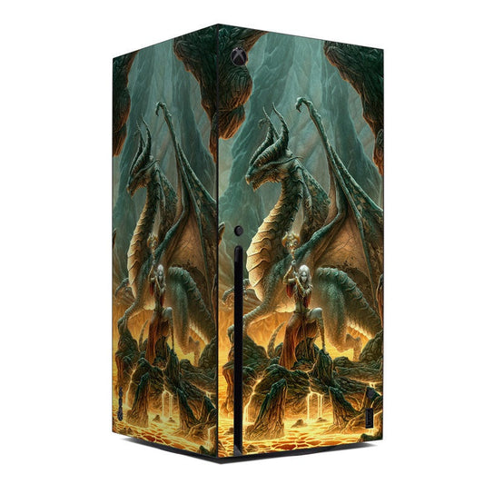Xbox Series X skin decal with green dragon artwork and fiery fantasy scene