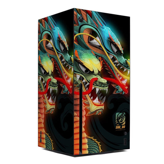 Xbox Series X skin with teal dragon and red accents