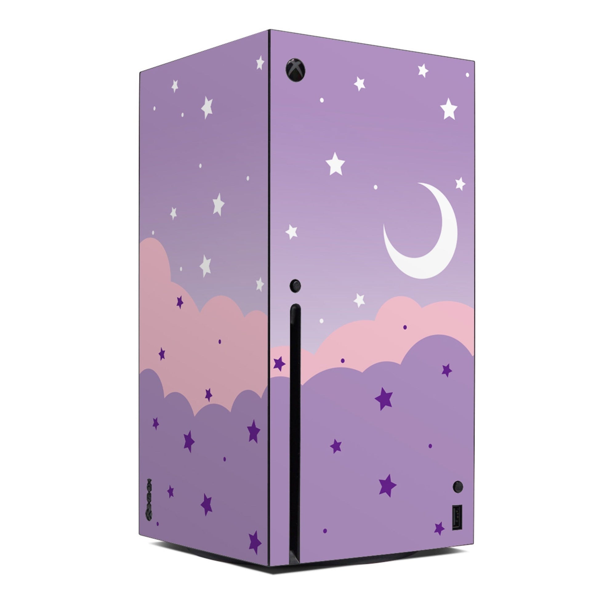 Xbox Series X console skin, purple starry night design with crescent moon and clouds