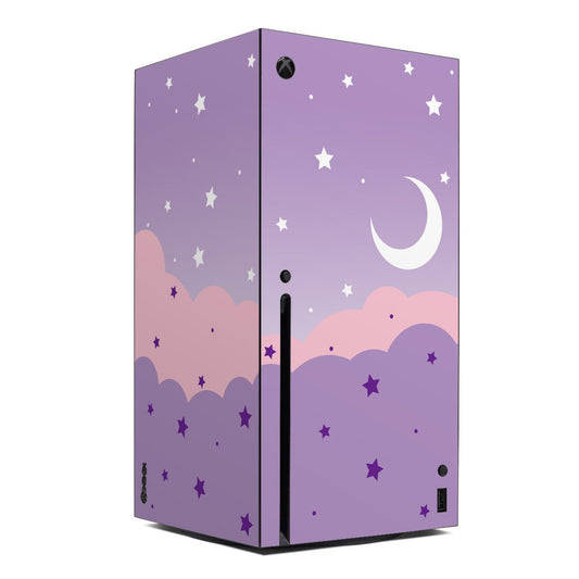 Xbox Series X console skin, purple starry night design with crescent moon and clouds