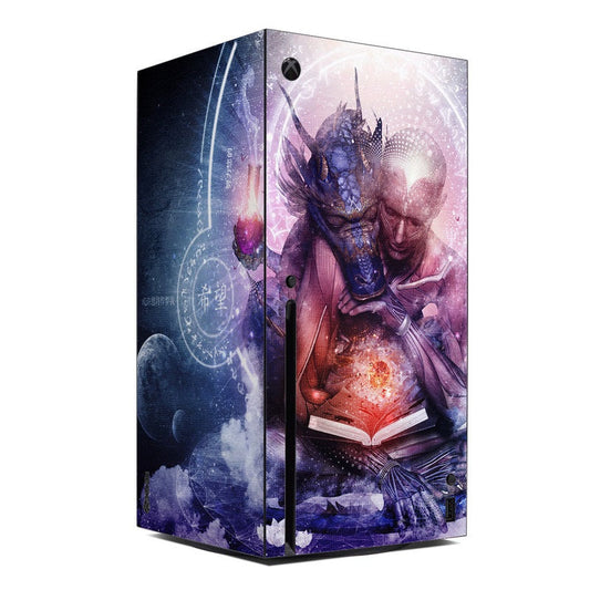 Xbox Series X console skin with purple fantasy dragon and moonlit book artwork