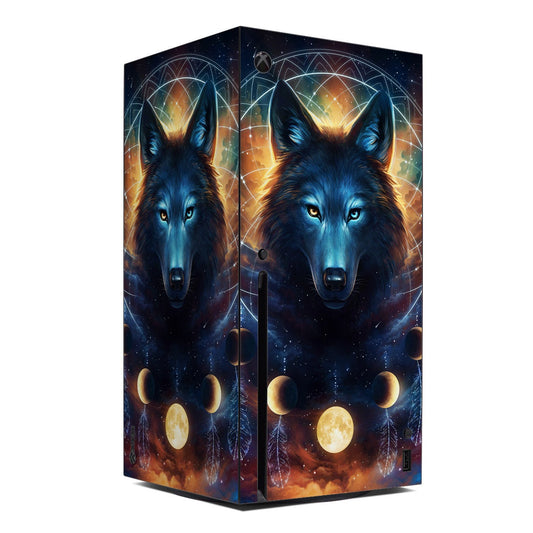 Xbox Series X skin with blue wolf face, glowing moon and dreamcatcher artwork
