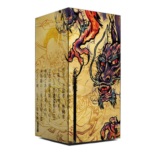 Xbox Series X console skin with dragon artwork, fiery red and purple on gold background