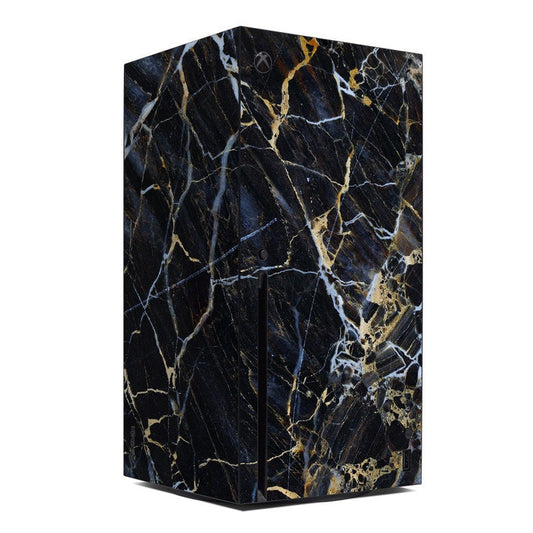 Xbox Series X console skin with dark marble pattern in blue and gold veining
