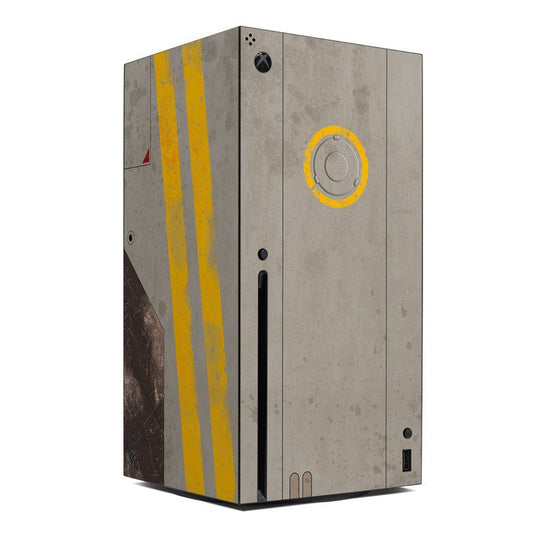 Xbox Series X console skin with gray texture, yellow stripe, circular emblem and vents