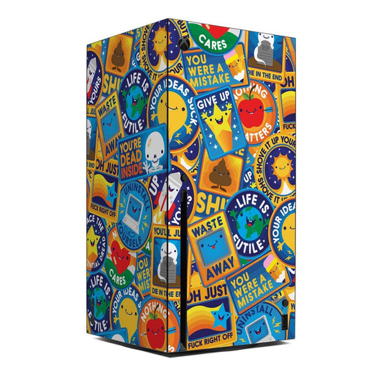 Xbox Series X console skin, blue and orange pop-art collage with cartoon faces and text