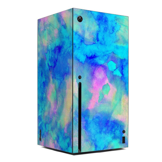 Xbox Series X skin with ice-blue, purple and green abstract watercolor pattern