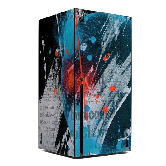 Xbox Series X console skin with ocean-blue splatter and red accents