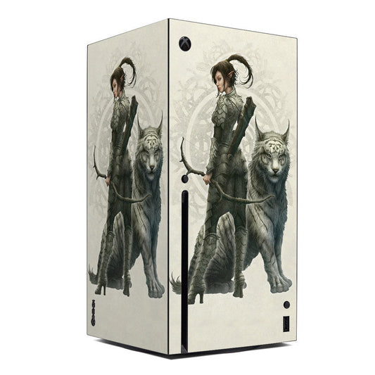 Xbox Series X skin with fantasy half-elf girl and lion artwork, wrapped panel design