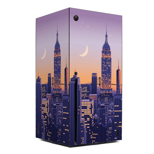 Xbox Series X console skin with purple city skyline and Xbox logo
