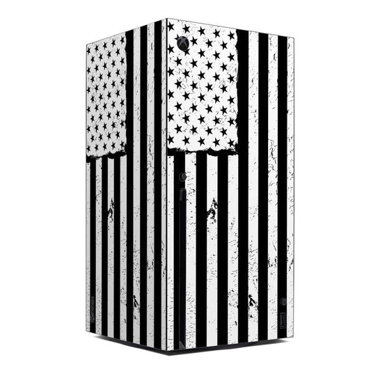 Xbox Series X console skin with black-and-white stars and vertical stripes pattern