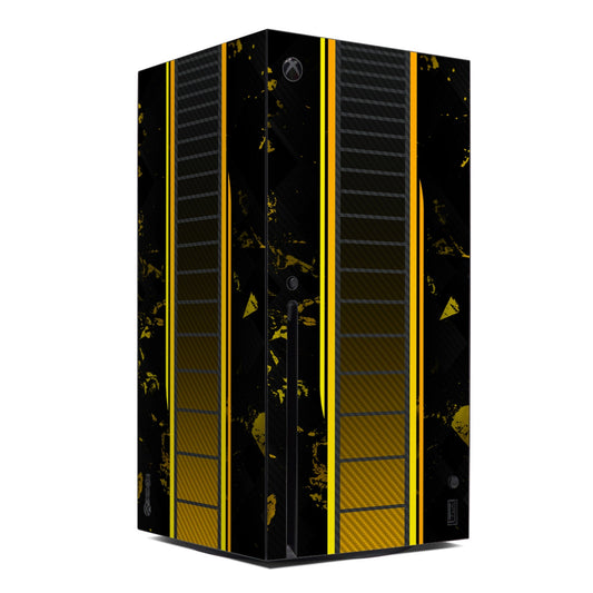Xbox Series X console skin with black base, yellow racing stripes, and splatter graphics