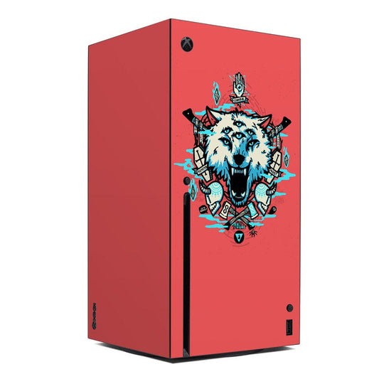 Xbox Series X skin with red finish and blue wolf mascot graphic, cutouts for ports