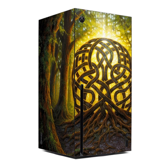 Xbox Series X skin with golden woodland tree and maze graphics