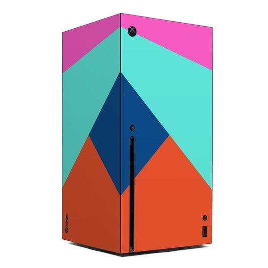 Xbox Series X console skin with multicolor geometric house pattern and Xbox logo