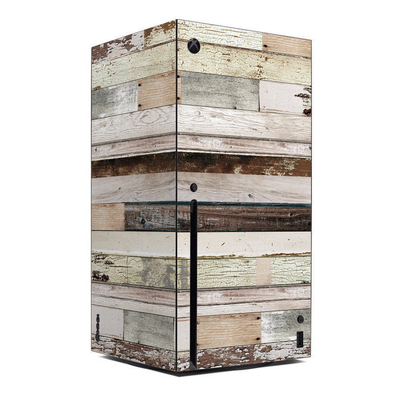 Xbox Series X skin with distressed multicolor wood plank design and Xbox logo cutout