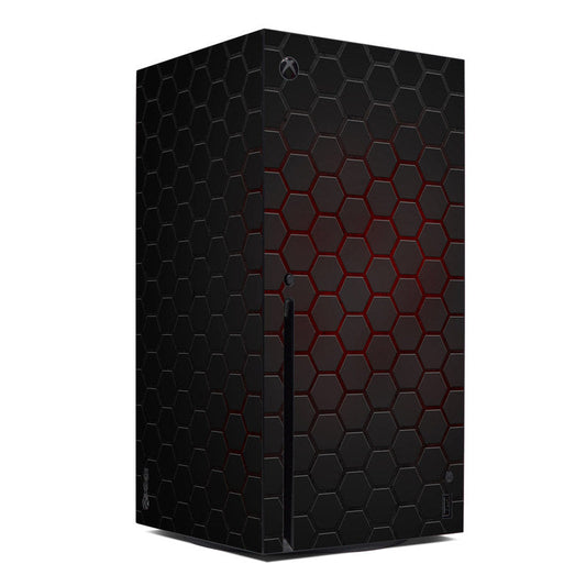 Xbox Series X skin with black hex pattern and red hex panel, Xbox logo