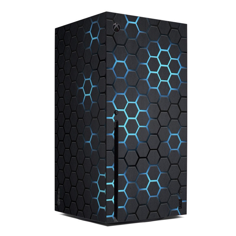 Xbox Series X console skin with dark hex pattern and blue glowing accents