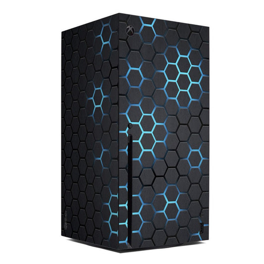Xbox Series X console skin with dark hex pattern and blue glowing accents