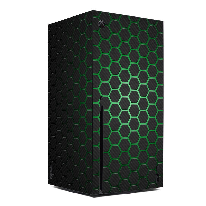 Xbox Series X skin wrap with green hexagon grid design on dark black base