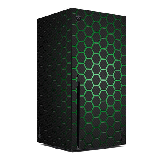 Xbox Series X skin wrap with green hexagon grid design on dark black base