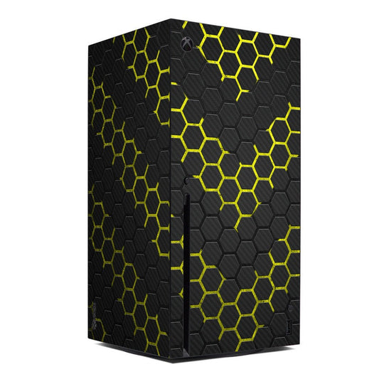 Xbox Series X console skin with black and neon yellow-green honeycomb pattern