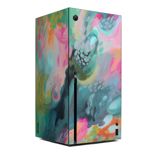 Xbox Series X console skin with colorful abstract fairytale pool artwork, pink and teal