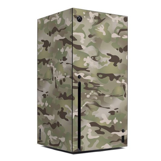 Green camouflage skin for Xbox Series X console, with cutouts and black side accents.
