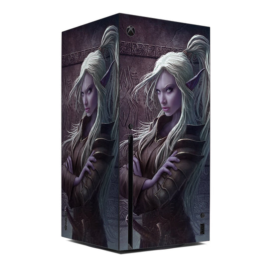 Feriel Xbox Series X console skin with fantasy woman portrait graphic, split-panel design