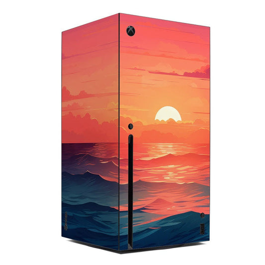 Xbox Series X skin with sunset ocean landscape and Xbox logo.