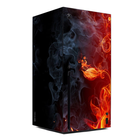 Xbox Series X console skin with red-orange flame swirls and blue smoke graphics