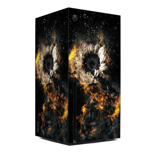 Xbox Series X skin with fiery fantasy artwork, dark background and winged emblem