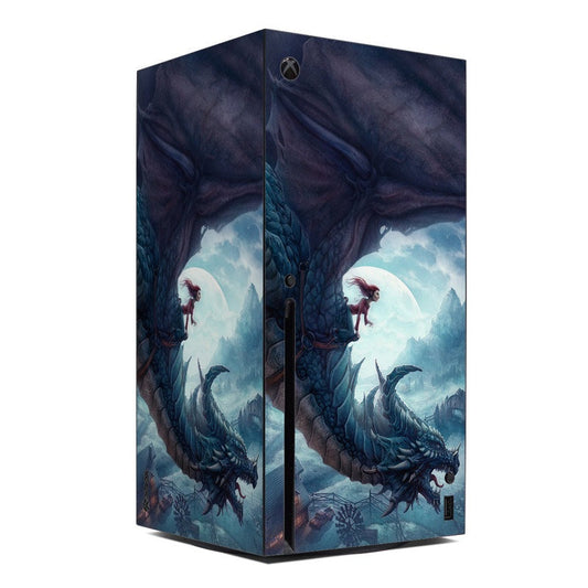 Microsoft Xbox Series X skin with blue dragon artwork on two side panels