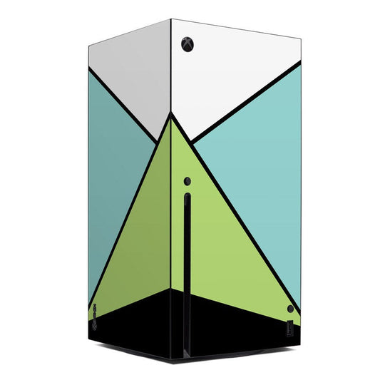 Xbox Series X console skin with geometric X pattern in white, teal, and lime green