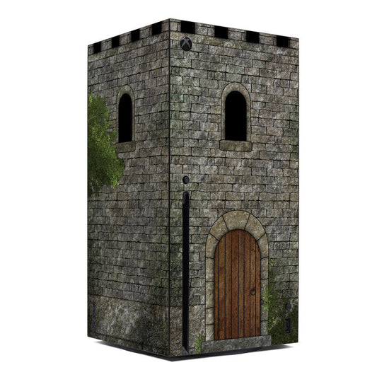 Xbox Series X skin with gray stone fortress wall art and arched wooden door