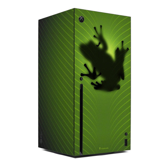 Xbox Series X console skin with green frog hand splash design, black console outline