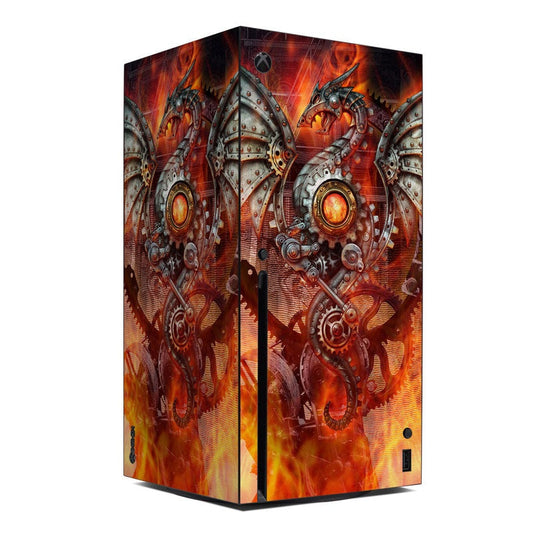 Xbox Series X skin with armored dragon artwork and orange flame panels