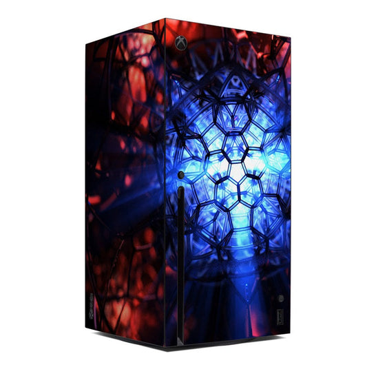 Xbox Series X console skin with blue and red geometric sci‑fi pattern