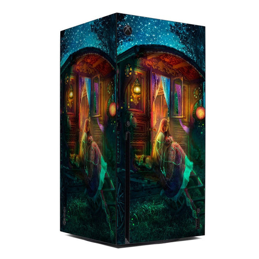 Xbox Series X console skin with fantasy palace artwork, glowing lanterns and characters
