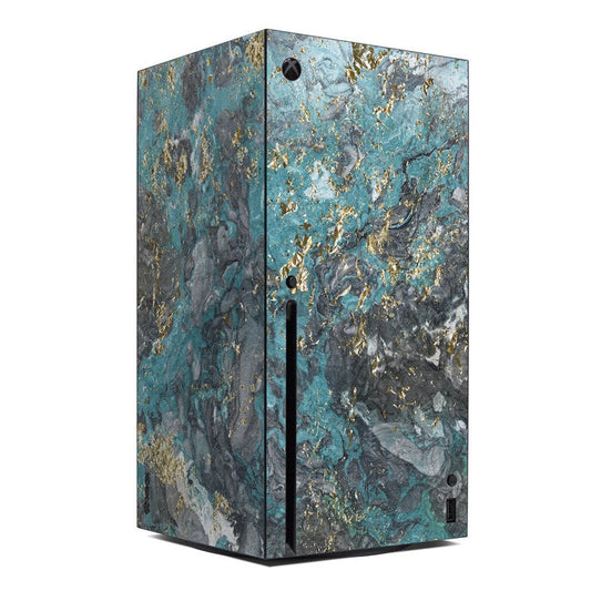 Xbox Series X console skin with blue marble pattern and gold flecks, button cutouts