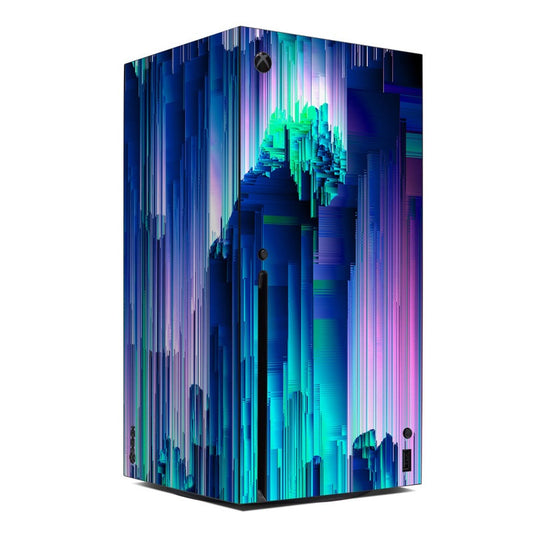 Xbox Series X skin with blue and purple pixel glitch pattern and Xbox logo