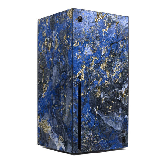 Xbox Series X marble skin with blue and gold speckled swirls