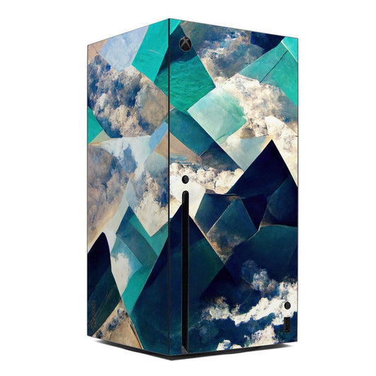 Microsoft Xbox Series X console skin with blue, teal, and gold abstract cloud pattern