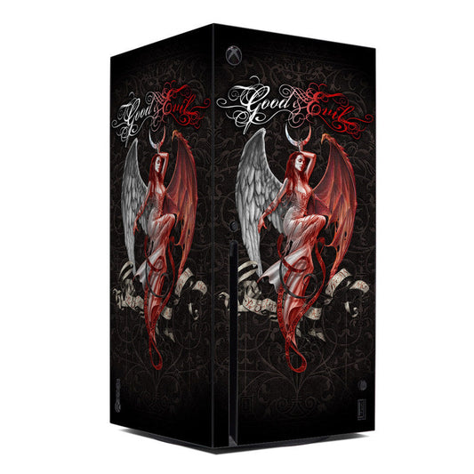 Xbox Series X skin with black Good and Evil angels/demons graphic, red wings