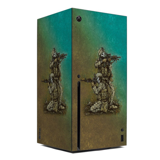 Xbox Series X console skin with green camouflage art of soldiers and Xbox logo