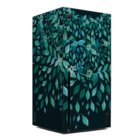 Xbox Series X console skin with dark teal leaf pattern