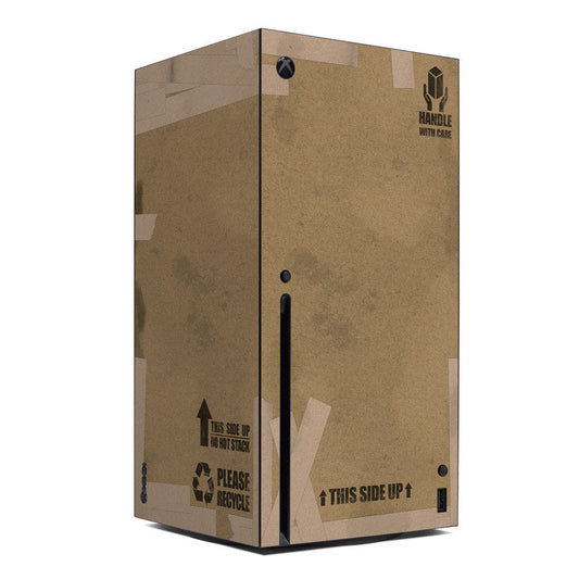 Xbox Series X skin with handle with care cardboard-style graphics and Xbox emblem