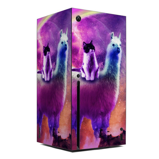 Xbox Series X console skin with purple nebula design and blue-white wolf artwork.