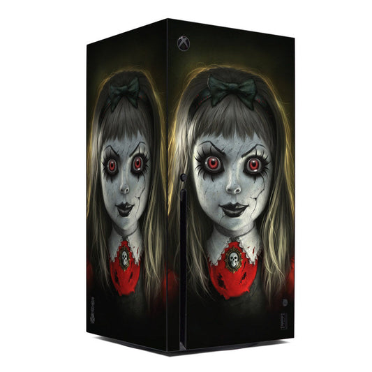 Xbox Series X console skin with haunted doll face and red glowing eyes