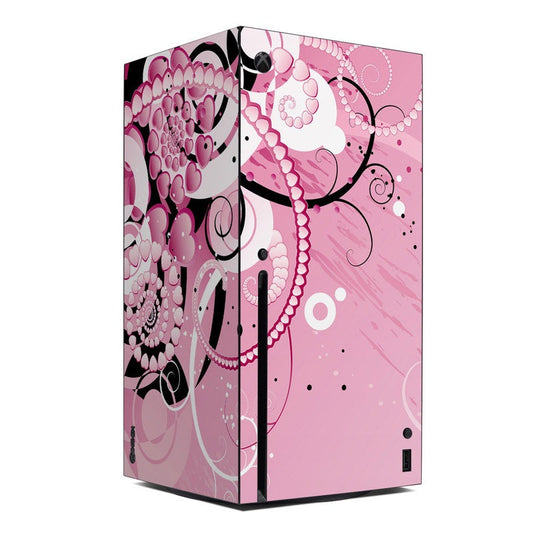 Xbox Series X skin, pink abstract design with black outlines and curved shapes